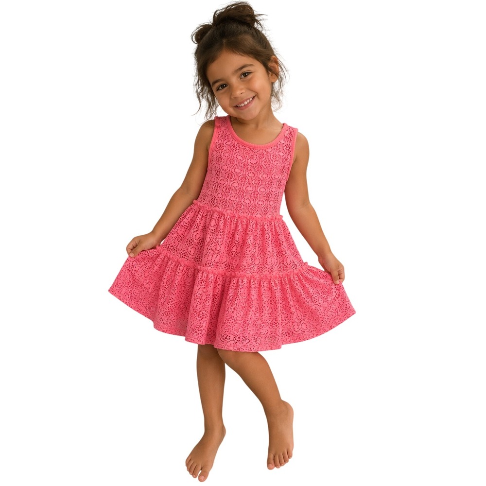 Cat & Jack Girls Pink Eyelet Lace Tiered Sleeveless Racerback Dress Pom Trim L